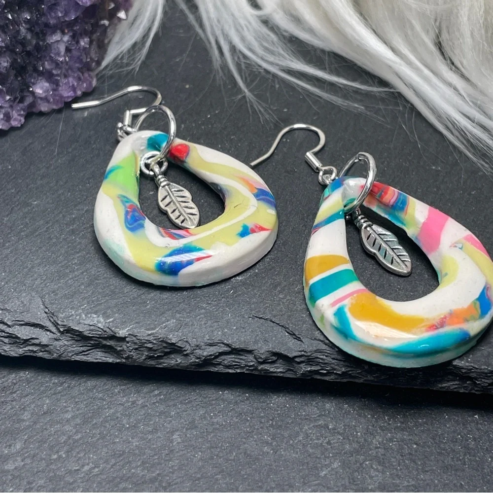 Custom Made Clay Teardrop Earrings With Antique Silver Feather Charms - Picture 8 of 11
